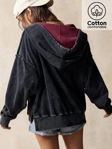 Bohemela Casual Streetwear Solid Color Knitted Hooded Collar Long Sleeve Loose Fit Women's Sweatshirt School Dark Grey Autumn - Black - View 1