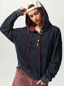 Bohemela Casual Streetwear Solid Color Knitted Hooded Collar Long Sleeve Loose Fit Women's Sweatshirt School Dark Grey Autumn - Black - View 2