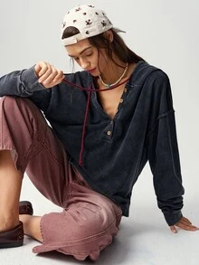 Bohemela Casual Streetwear Solid Color Knitted Hooded Collar Long Sleeve Loose Fit Women's Sweatshirt School Dark Grey Autumn - Black - View 3