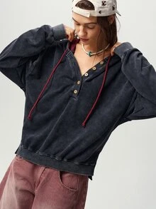 Bohemela Casual Streetwear Solid Color Knitted Hooded Collar Long Sleeve Loose Fit Women's Sweatshirt School Dark Grey Autumn - Black - View 8