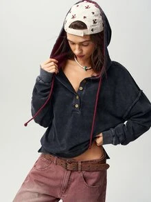 Bohemela Casual Streetwear Solid Color Knitted Hooded Collar Long Sleeve Loose Fit Women's Sweatshirt School Dark Grey Autumn - Black - View 6