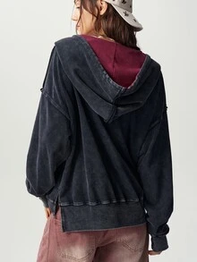 Bohemela Casual Streetwear Solid Color Knitted Hooded Collar Long Sleeve Loose Fit Women's Sweatshirt School Dark Grey Autumn - Black - View 7