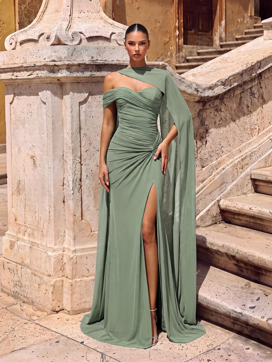 Glamrae Elegant Sage Green Formal Dress, Stretchy Knit Ruched Twist Design Halter Slit Fishtail Gown For Weddings,Parties,Galas,One Shoulder Style Party