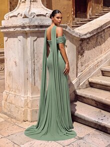 Glamrae Elegant Sage Green Formal Dress, Stretchy Knit Ruched Twist Design Halter Slit Fishtail Gown For Weddings,Parties,Galas,One Shoulder Style Party - Grass Green - View 3