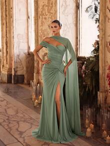 Glamrae Elegant Sage Green Formal Dress, Stretchy Knit Ruched Twist Design Halter Slit Fishtail Gown For Weddings,Parties,Galas,One Shoulder Style Party - Grass Green - View 6