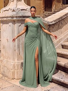 Glamrae Elegant Sage Green Formal Dress, Stretchy Knit Ruched Twist Design Halter Slit Fishtail Gown For Weddings,Parties,Galas,One Shoulder Style Party - Grass Green - View 5