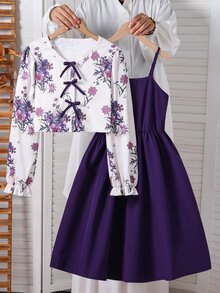 SHEIN Tween Girls Casual Back To School Summer 2 Pieces Graphic Print Top & Wide Set, Everyday Streetwear - Purple - View 7
