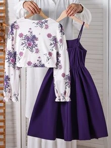 SHEIN Tween Girls Casual Back To School Summer 2 Pieces Graphic Print Top & Wide Set, Everyday Streetwear - Purple - View 3