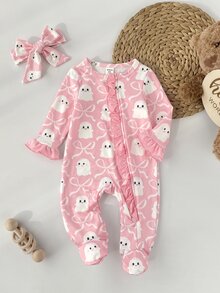 SHEIN Newborn Baby Boy Cute Knitted Casual Cartoon Bear Pattern Romper & Headband Set - Baby Pink - View 7