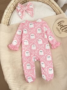 SHEIN Newborn Baby Boy Cute Knitted Casual Cartoon Bear Pattern Romper & Headband Set - Baby Pink - View 3