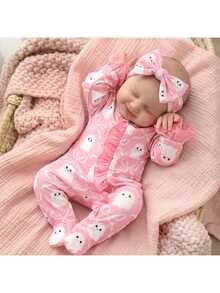 SHEIN Newborn Baby Boy Cute Knitted Casual Cartoon Bear Pattern Romper & Headband Set - Baby Pink - View 8