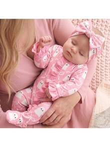 SHEIN Newborn Baby Boy Cute Knitted Casual Cartoon Bear Pattern Romper & Headband Set - Baby Pink - View 1