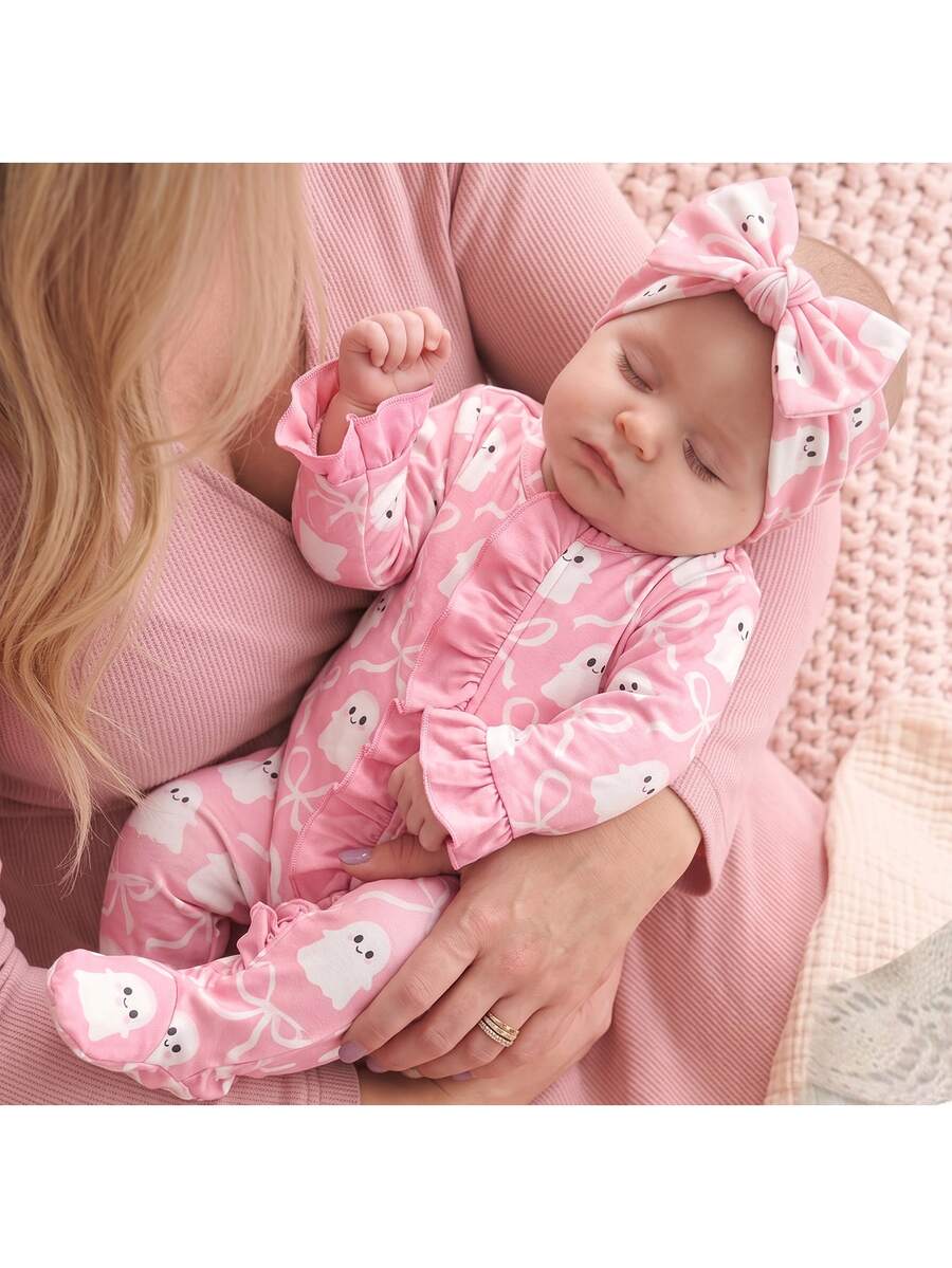SHEIN Newborn Baby Boy Cute Knitted Casual Cartoon Bear Pattern Romper & Headband Set - Baby Pink - View 1