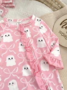 SHEIN Newborn Baby Boy Cute Knitted Casual Cartoon Bear Pattern Romper & Headband Set - Baby Pink - View 4