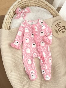 SHEIN Newborn Baby Boy Cute Knitted Casual Cartoon Bear Pattern Romper & Headband Set - Baby Pink - View 2