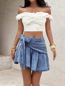 SHEIN CURVE+ Festival Plus Size Women's Blue Non-Stretch Denim Ruffle Hem Mini Skirt - Light Wash - View 3