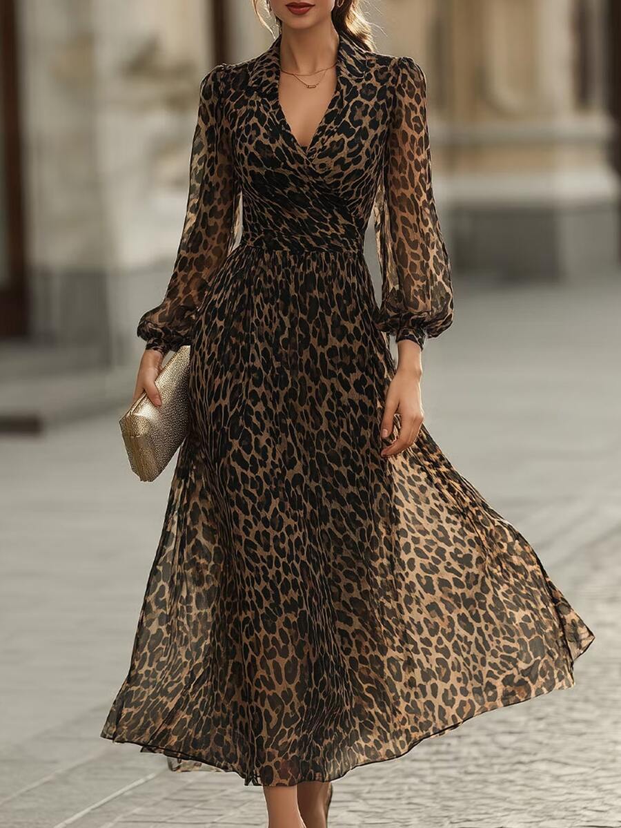 RosyDaze Women's Fashion Long Sleeve All-Over Leopard Print Dress, Autumn/Winter - Brown - View 1