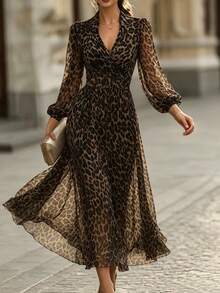 RosyDaze Women's Fashion Long Sleeve All-Over Leopard Print Dress, Autumn/Winter - Brown - View 4