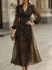 RosyDaze Women's Fashion Long Sleeve All-Over Leopard Print Dress, Autumn/Winter - Brown - View 3