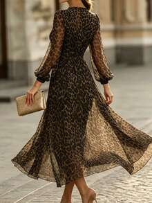 RosyDaze Women's Fashion Long Sleeve All-Over Leopard Print Dress, Autumn/Winter - Brown - View 2