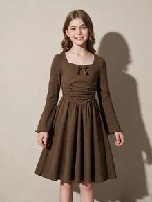SHEIN Tween女孩純色長袖返校拍照度假洋裝 8-12歲 感恩節穿搭 咖啡棕色 秋季家庭套裝 西部風 - 棕色 - 查看 3