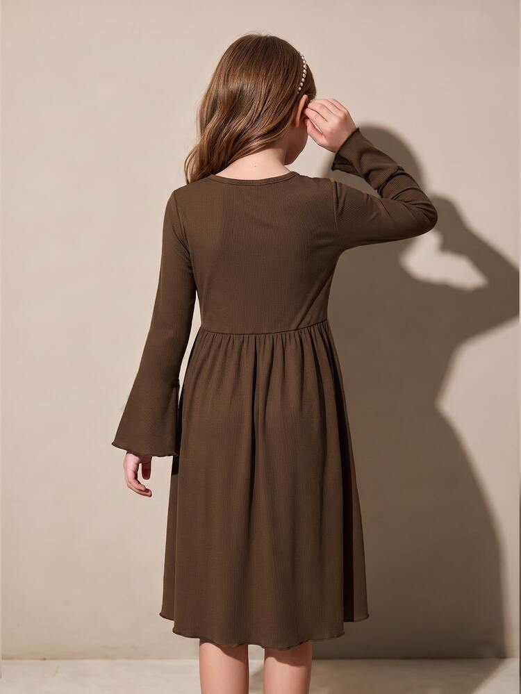 SHEIN Tween Girl Solid Long Sleeve Homecoming Photoshoot Vacation Dress 8 To 12 Years Thanksgiving Outfit Coffee Brown Autumn Family Matching Western - Brown - View 2