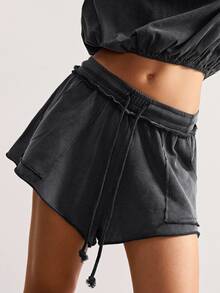 Bohemela Women's Solid Color Drawstring Waist Casual Sporty Athleisure Knit Shorts Lounge Gym Black Summer - Dark Grey - View 1