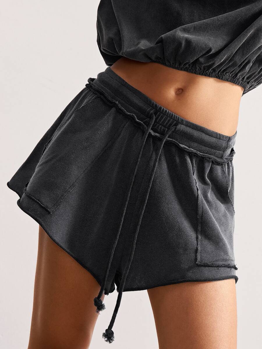 Bohemela Women's Solid Color Drawstring Waist Casual Sporty Athleisure Knit Shorts Lounge Gym Black Summer - Dark Grey - View 1