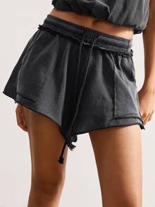 Bohemela Women's Solid Color Drawstring Waist Casual Sporty Athleisure Knit Shorts Lounge Gym Black Summer - Dark Grey - View 7