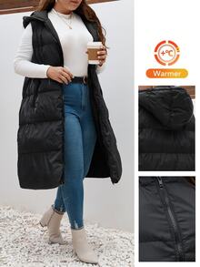 SHEIN Frenchy 秋冬季拉链连帽背心外套 - 黑色 - 查看 10