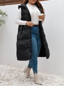 SHEIN Frenchy 秋冬季拉链连帽背心外套 - 黑色 - 查看 4