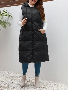 SHEIN Frenchy 秋冬季拉链连帽背心外套 - 黑色 - 查看 8