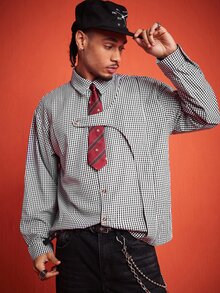 ROMWE MEN 男士秋季休閒格紋領帶襯衫 - 黑與白 - 查看 3
