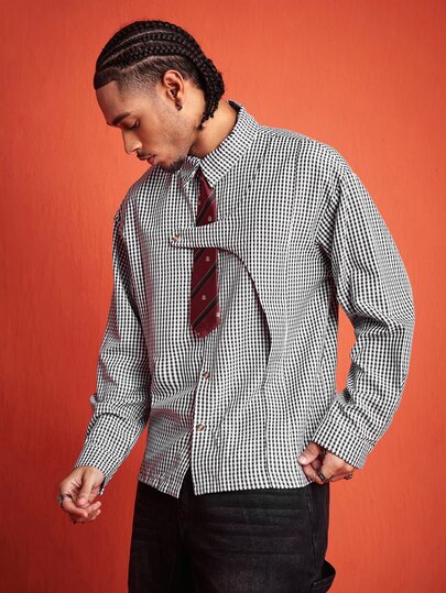 Camicia casual da uomo con cravatta a quadri per l'autunno