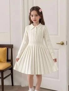Tween Girls White Knit Sweater Dress, Polo Neck,Cable Texture,Long Sleeve, Back To School Clothes Girls , Autumn/Winter - White - View 1