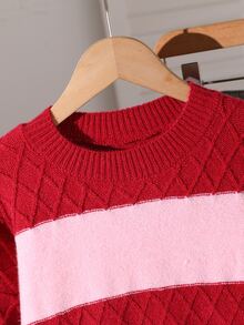 SHEIN Tween Girl Autumn/Winter Casual Colorblock Patchwork Sweater - Pink - View 7