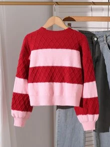 SHEIN Tween Girl Autumn/Winter Casual Colorblock Patchwork Sweater - Pink - View 3