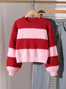 SHEIN Tween Girl Autumn/Winter Casual Colorblock Patchwork Sweater - Pink - View 4