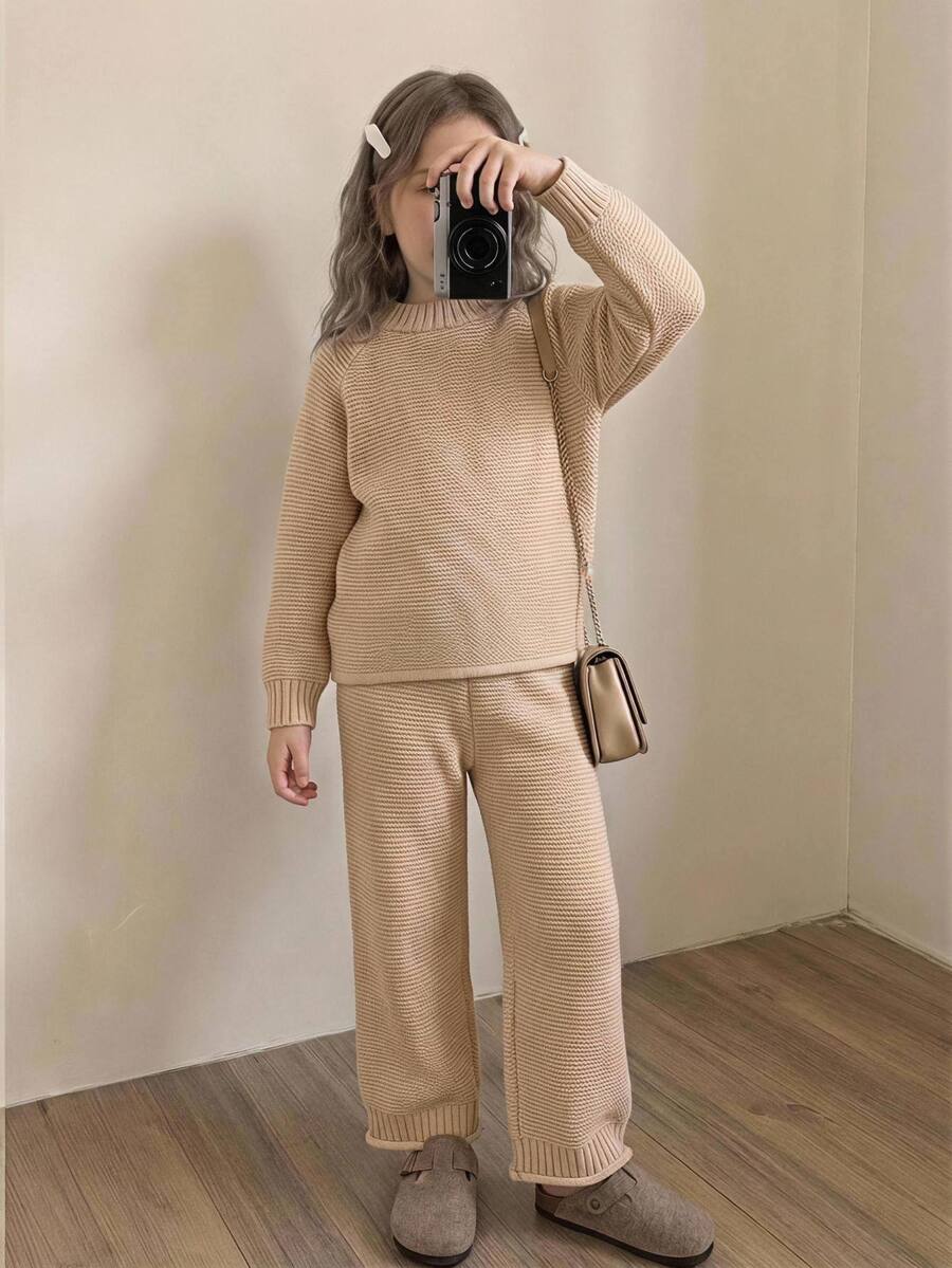 SHEIN Fall Clothes Winter Toddler Girl Khaki Long Sleeve Sweater & Skirt Set, Back To School, Cozy Soft, Festival Outfits Christmas Casual Daily Wear