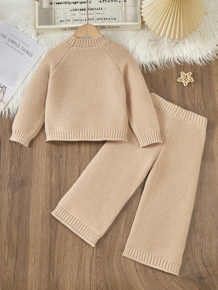 SHEIN Fall Clothes Winter Toddler Girl Khaki Long Sleeve Sweater & Skirt Set, Back To School, Cozy Soft, Festival Outfits Christmas Casual Daily Wear - Khaki - View 2