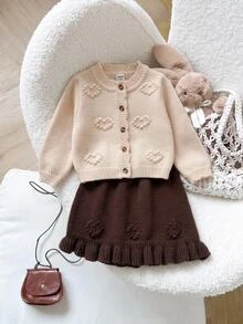 SHEIN 秋季冬季幼童女童深棕色長袖針織衫套裝，返校季、節慶穿搭、聖誕可愛仙女風家庭套裝 - 米色 - 查看 12