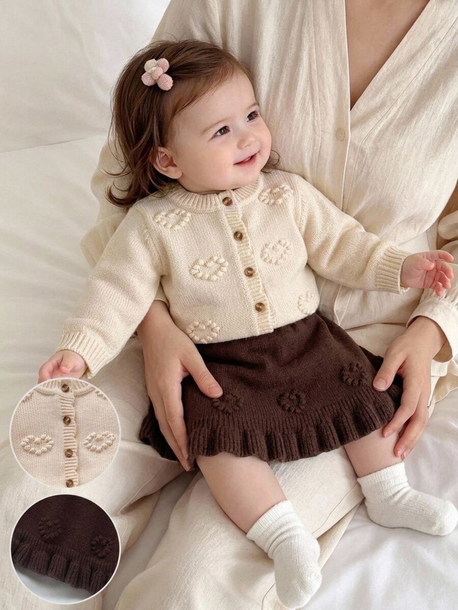 SHEIN 秋季冬季幼童女童深棕色長袖針織衫套裝，返校季、節慶穿搭、聖誕可愛仙女風家庭套裝