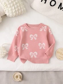 SHEIN 時尚甜美蝴蝶結針織上衣 單件 嬰兒女童長袖套頭衫 適合秋冬 - 粉色 - 查看 8