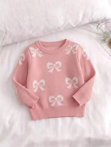SHEIN 時尚甜美蝴蝶結針織上衣 單件 嬰兒女童長袖套頭衫 適合秋冬 - 粉色 - 查看 9