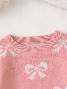SHEIN 時尚甜美蝴蝶結針織上衣 單件 嬰兒女童長袖套頭衫 適合秋冬 - 粉色 - 查看 6