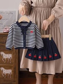 SHEIN 女嬰手編蝴蝶結開襟衫套裝，藍白條紋甜美風，可愛蘋果刺繡，柔軟舒適面料，適合室內外穿著，居家休閒與外出 - 藏蓝色 - 查看 2
