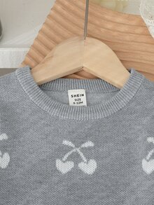 SHEIN 女嬰秋冬灰色櫻桃圖案圓領長袖針織毛衣，返校季，舒適柔軟，聖誕節休閒日常穿著 - 灰色 - 查看 9