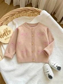 SHEIN 秋冬季幼兒女童卡其色甜美圓領長袖蝴蝶結針織開襟衫，返校穿搭，舒適柔軟，節慶聖誕套裝 - 卡其色 - 查看 8