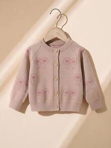 SHEIN 秋冬季幼兒女童卡其色甜美圓領長袖蝴蝶結針織開襟衫，返校穿搭，舒適柔軟，節慶聖誕套裝 - 卡其色 - 查看 1