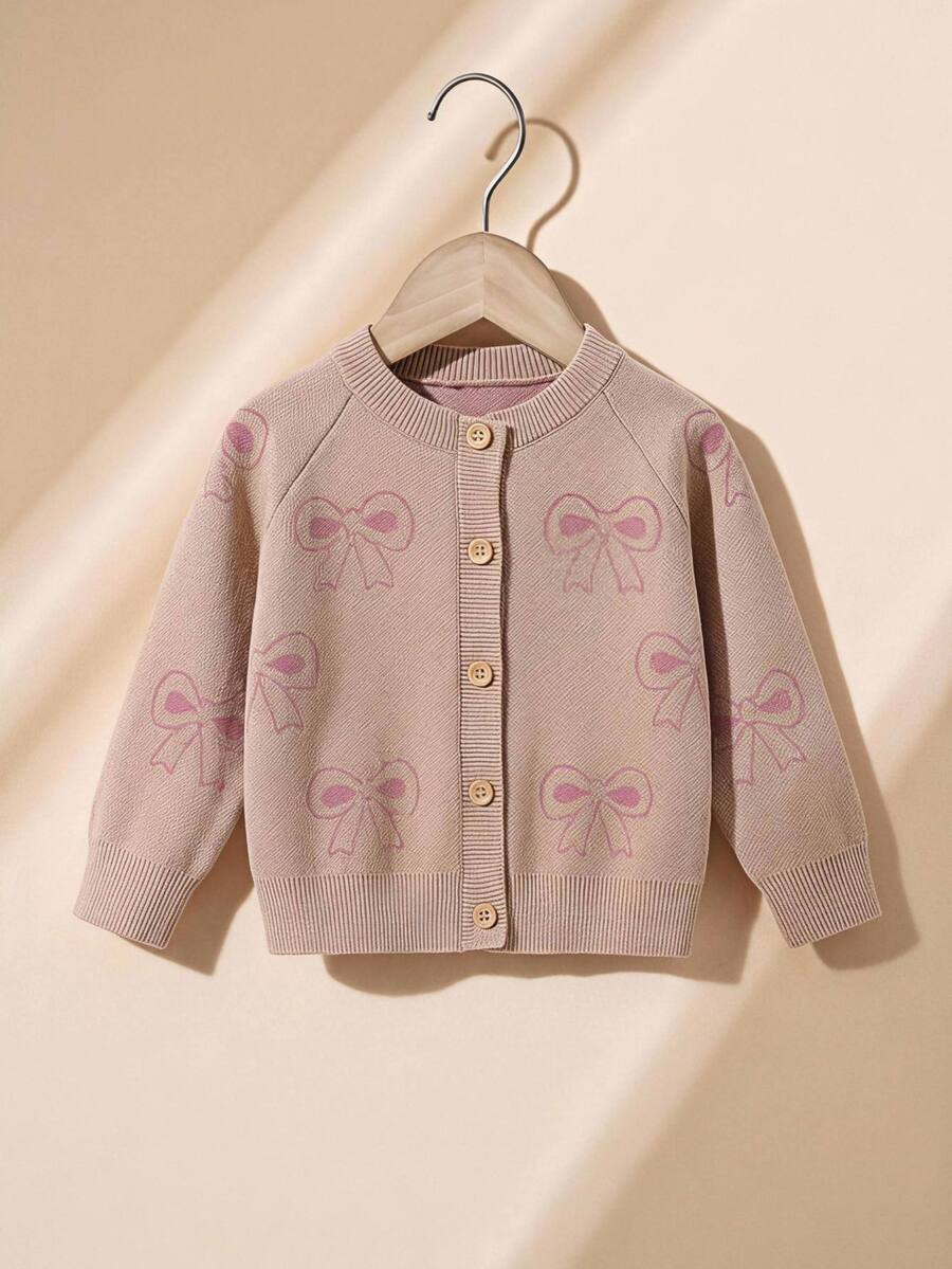 SHEIN 秋冬季幼兒女童卡其色甜美圓領長袖蝴蝶結針織開襟衫,返校穿搭,舒適柔軟,節慶聖誕套裝 - 卡其色 - 查看 1